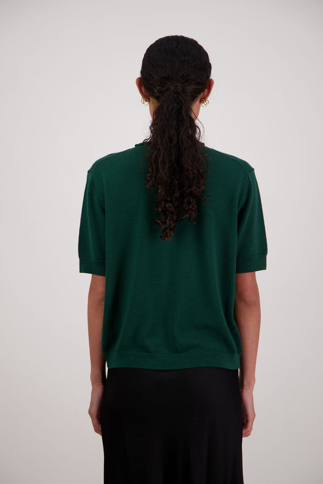Frieda Wool Top in Olive by Briarwood NZ. 100% Wool short sleeve, semi fitted t-shirt style top with high neck