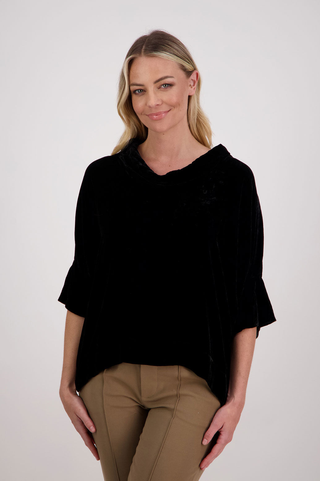 Black Velvet Roll neck top with 3/4 batwing sleeves, Hanley