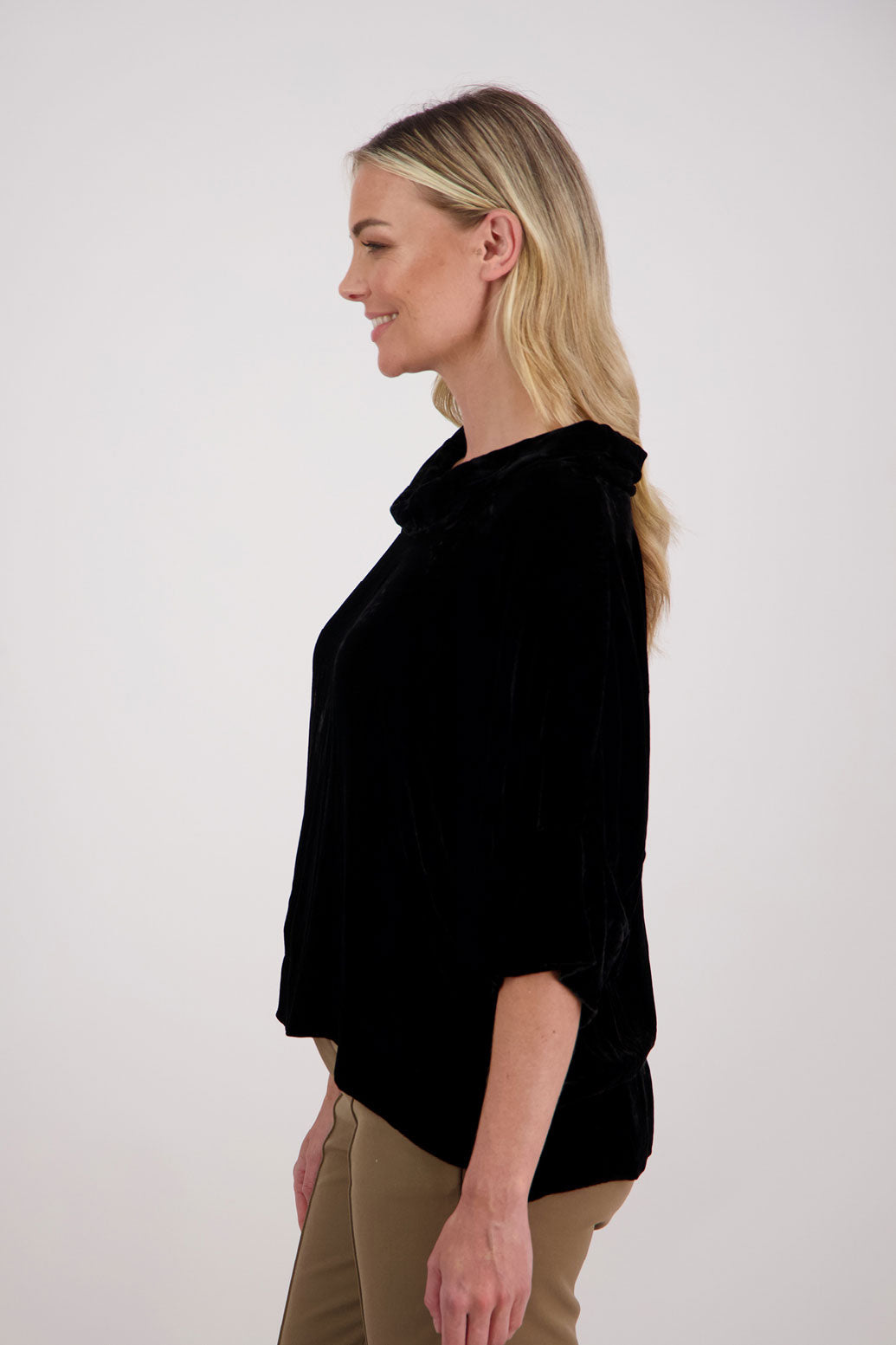 Black Velvet Roll neck top with 3/4 batwing sleeves, Hanley