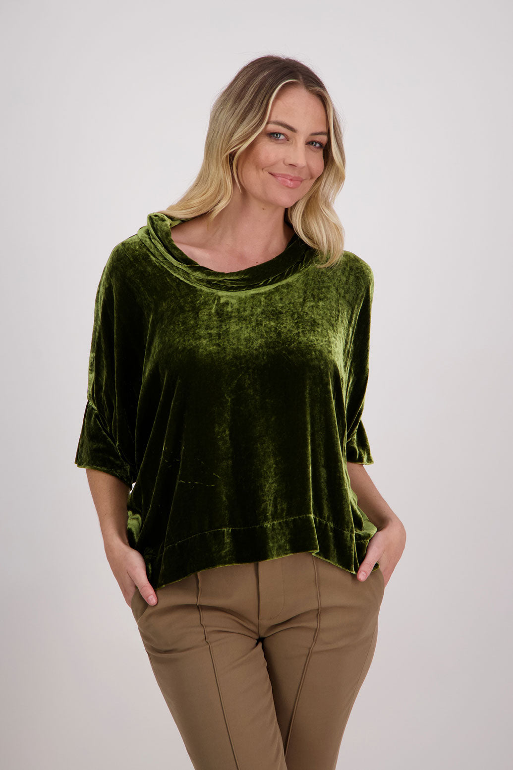 Khaki Velvet Roll neck top with 3/4 batwing sleeves, Hanley