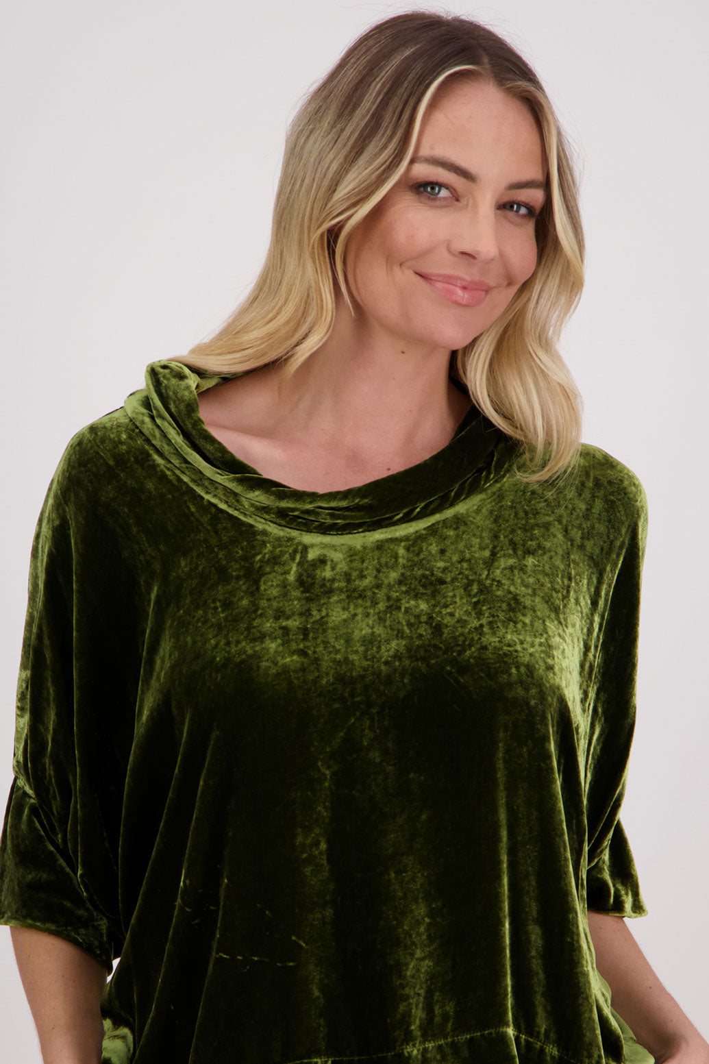 Khaki Velvet Roll neck top with 3/4 batwing sleeves, Hanley