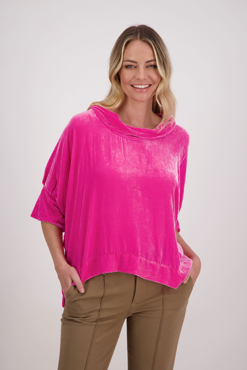 Pink Velvet Roll neck top with 3/4 batwing sleeves, Hanley