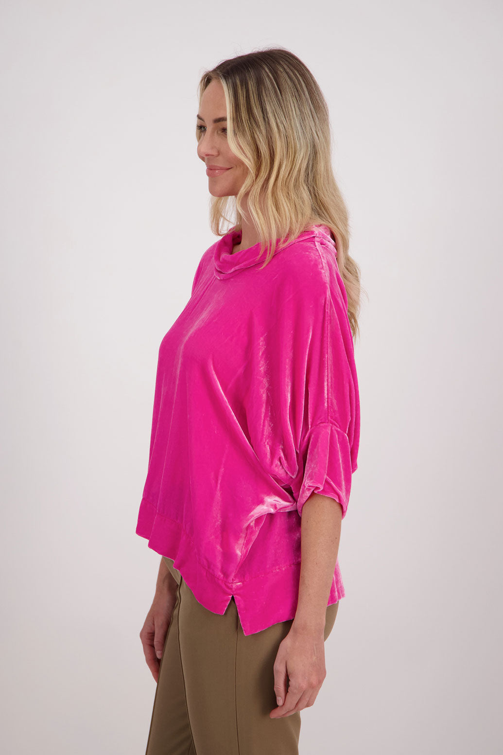 Pink Velvet Roll neck top with 3/4 batwing sleeves, Hanley