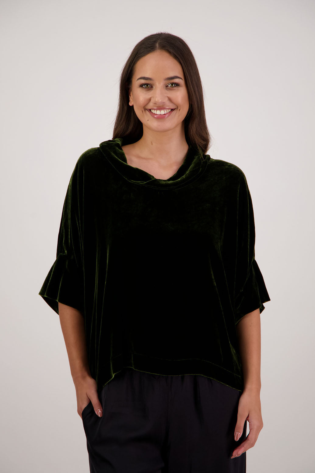 Bestseller. Hanley Top in Khaki Velvet by Briarwood NZ. A  18% Silk, 82% Rayon Velvet Top with roll neck, 3/4 sleeves, split hem, loose fit, longer at the back