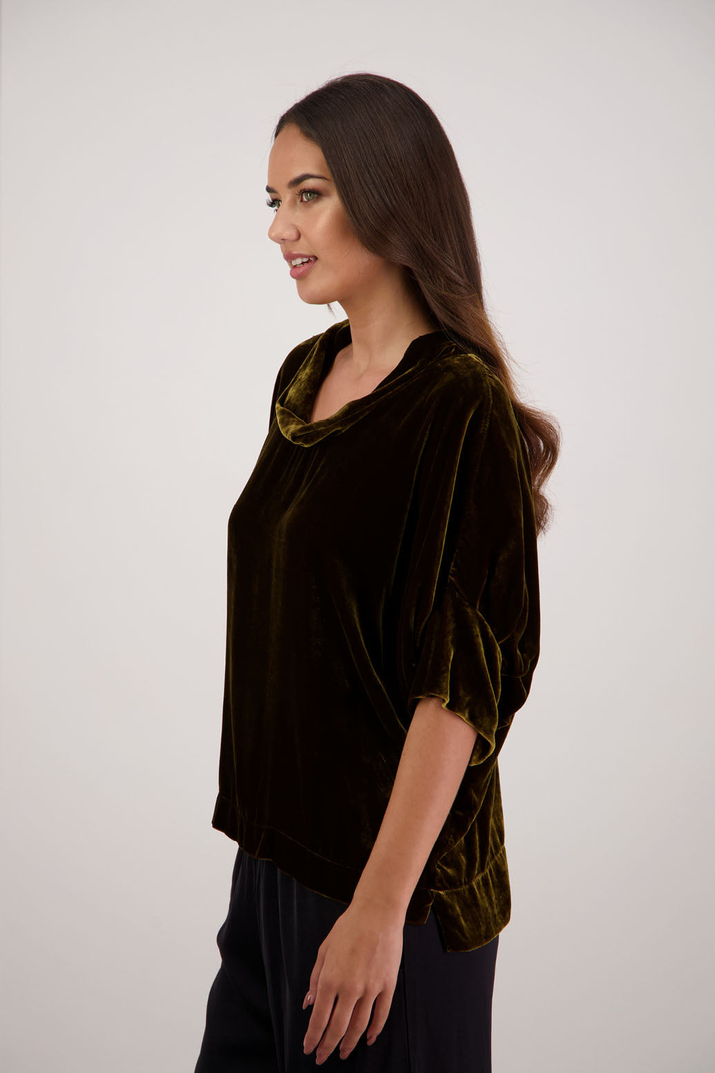Bestseller. Hanley Top in Tan Velvet by Briarwood NZ. A  18% Silk, 82% Rayon Velvet Top with roll neck, 3/4 sleeves, split hem, loose fit, longer at the back