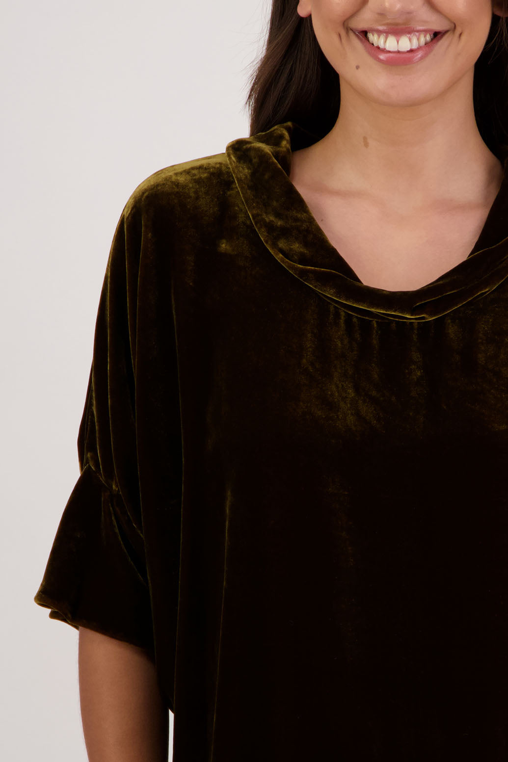 Bestseller. Hanley Top in Tan Velvet by Briarwood NZ. A  18% Silk, 82% Rayon Velvet Top with roll neck, 3/4 sleeves, split hem, loose fit, longer at the back