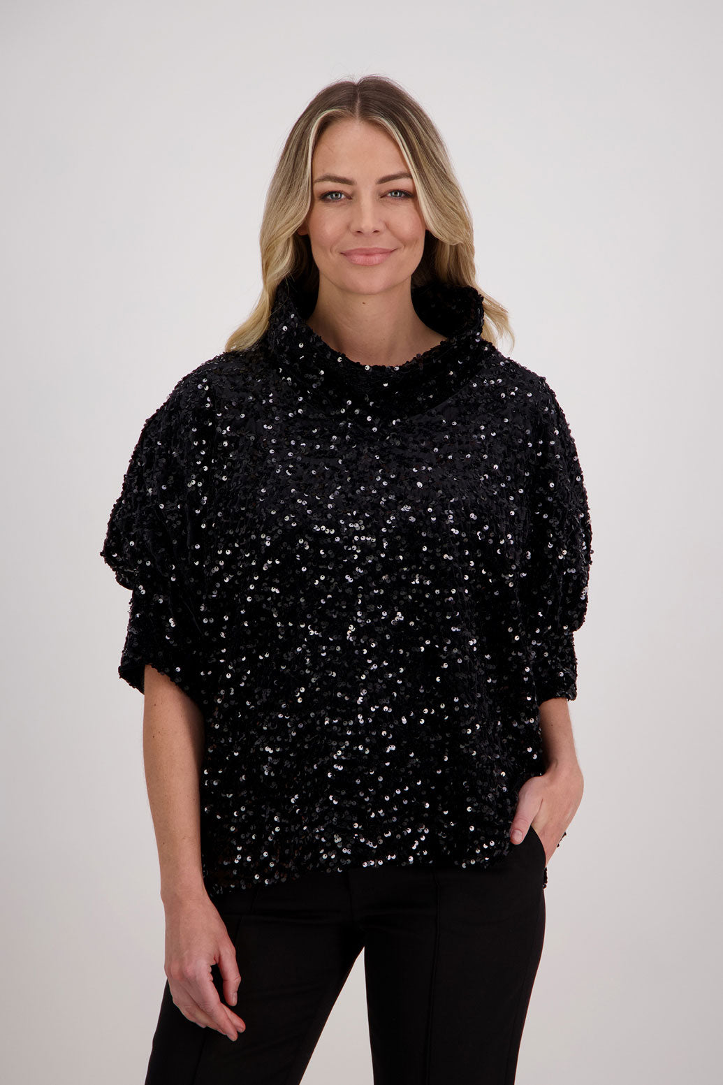 Black Sequin top with roll neck and batwing sleeves, Hardy