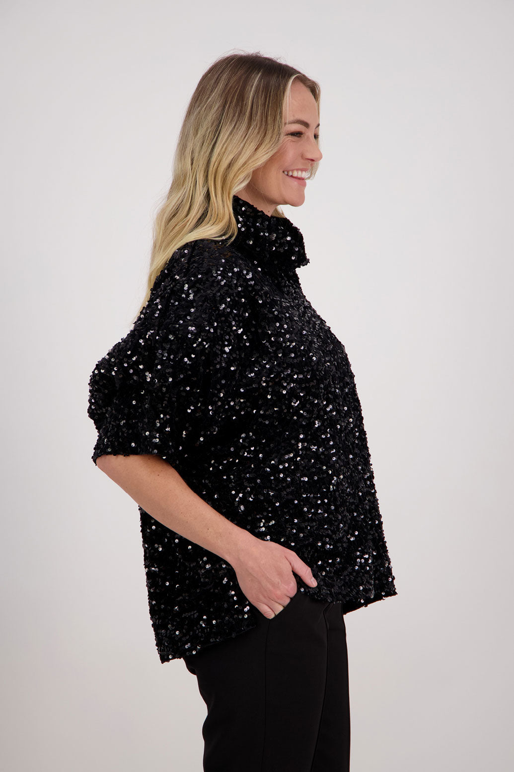 Black Sequin top with roll neck and batwing sleeves, Hardy