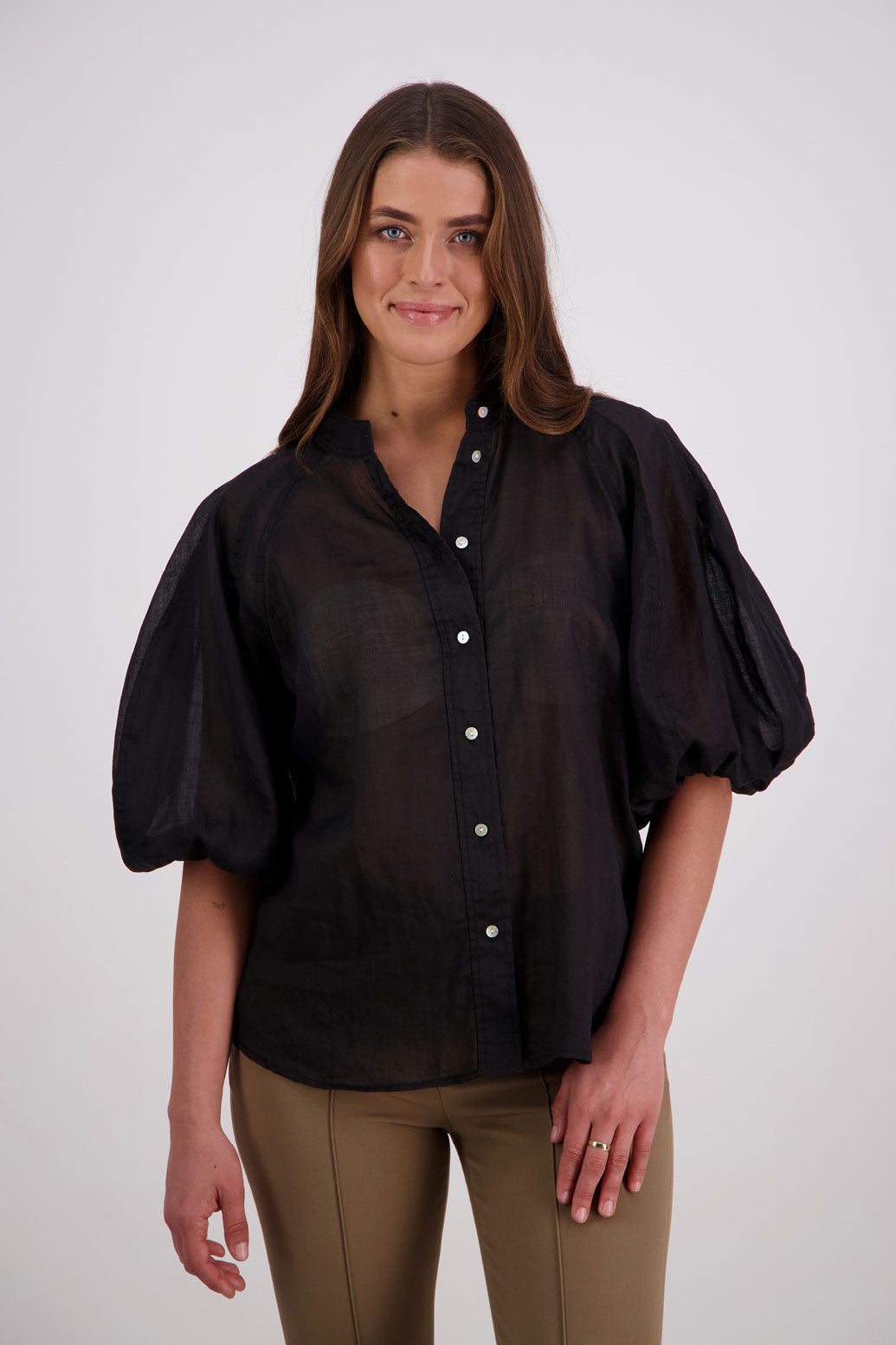 Briarwood Ramie Shirt with stand up collar, panel puffed sleeves and slim fit. Harlow Black