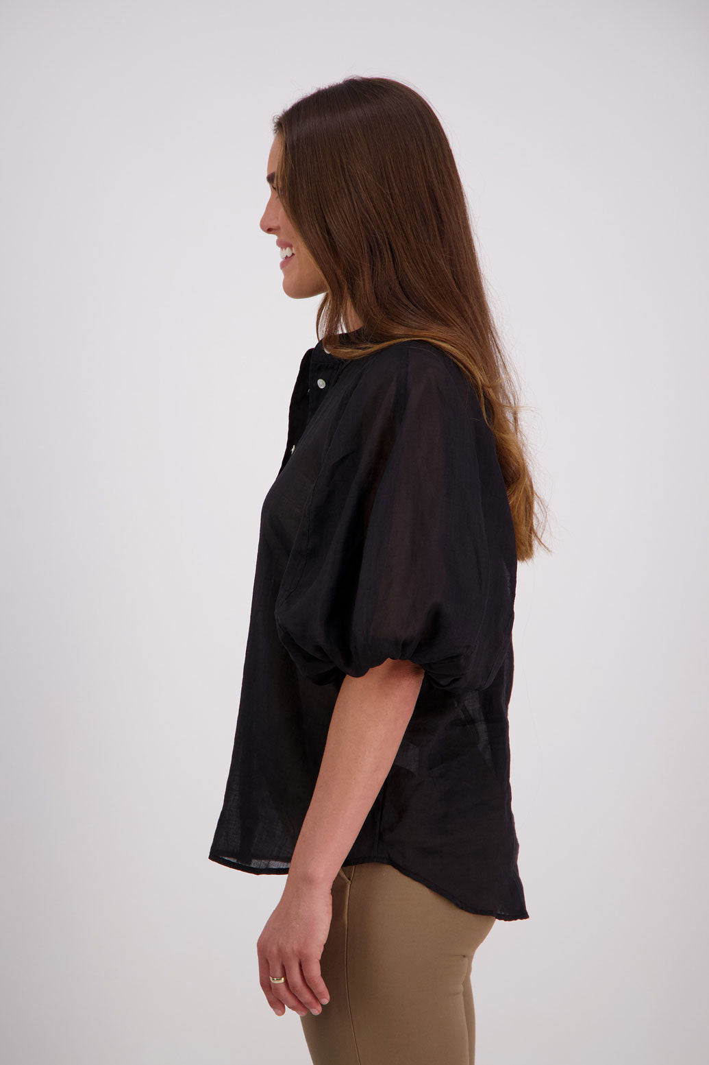 Briarwood Ramie Shirt with stand up collar, panel puffed sleeves and slim fit. Harlow Black