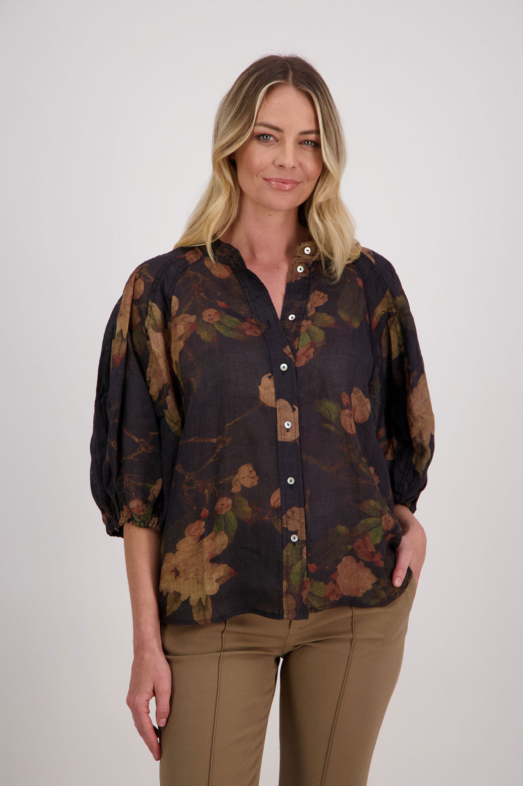 Black Floral 3/4 Sleeve Ramie Shirt, Harlow