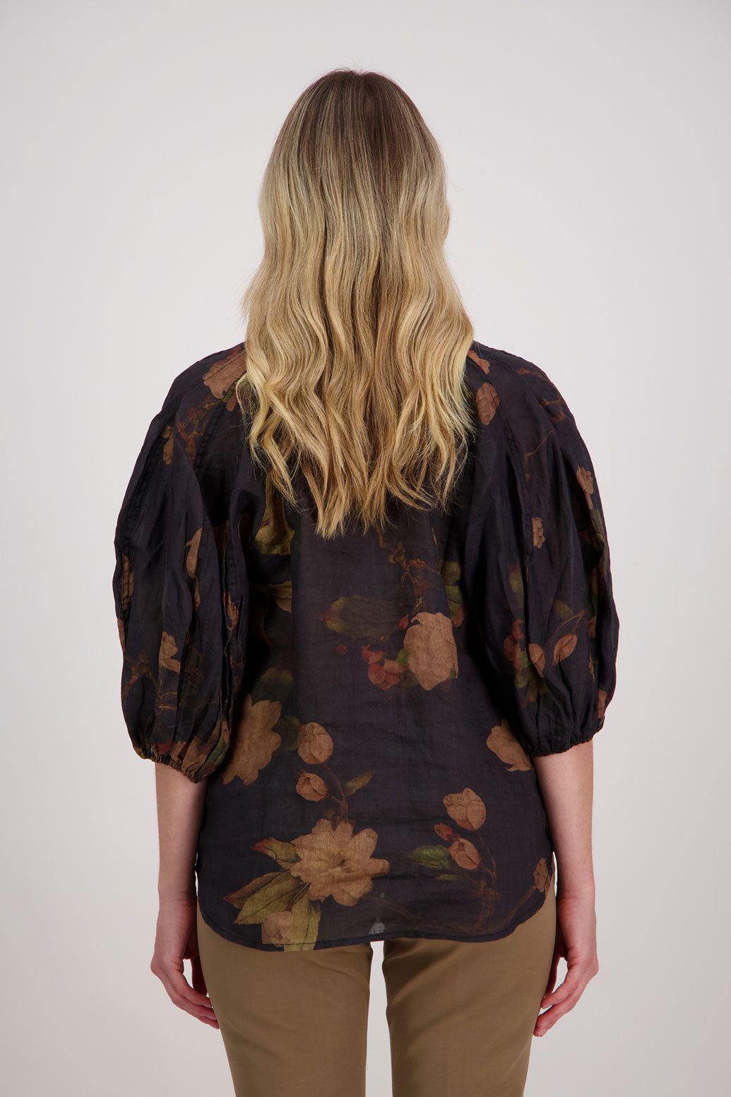 Black Floral 3/4 Sleeve Ramie Shirt, Harlow