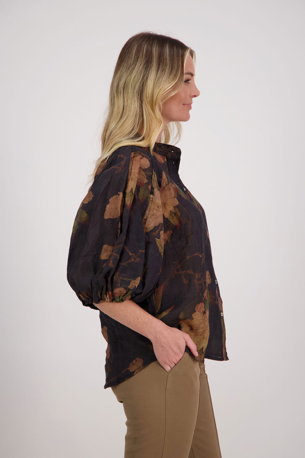 Black Floral 3/4 Sleeve Ramie Shirt, Harlow