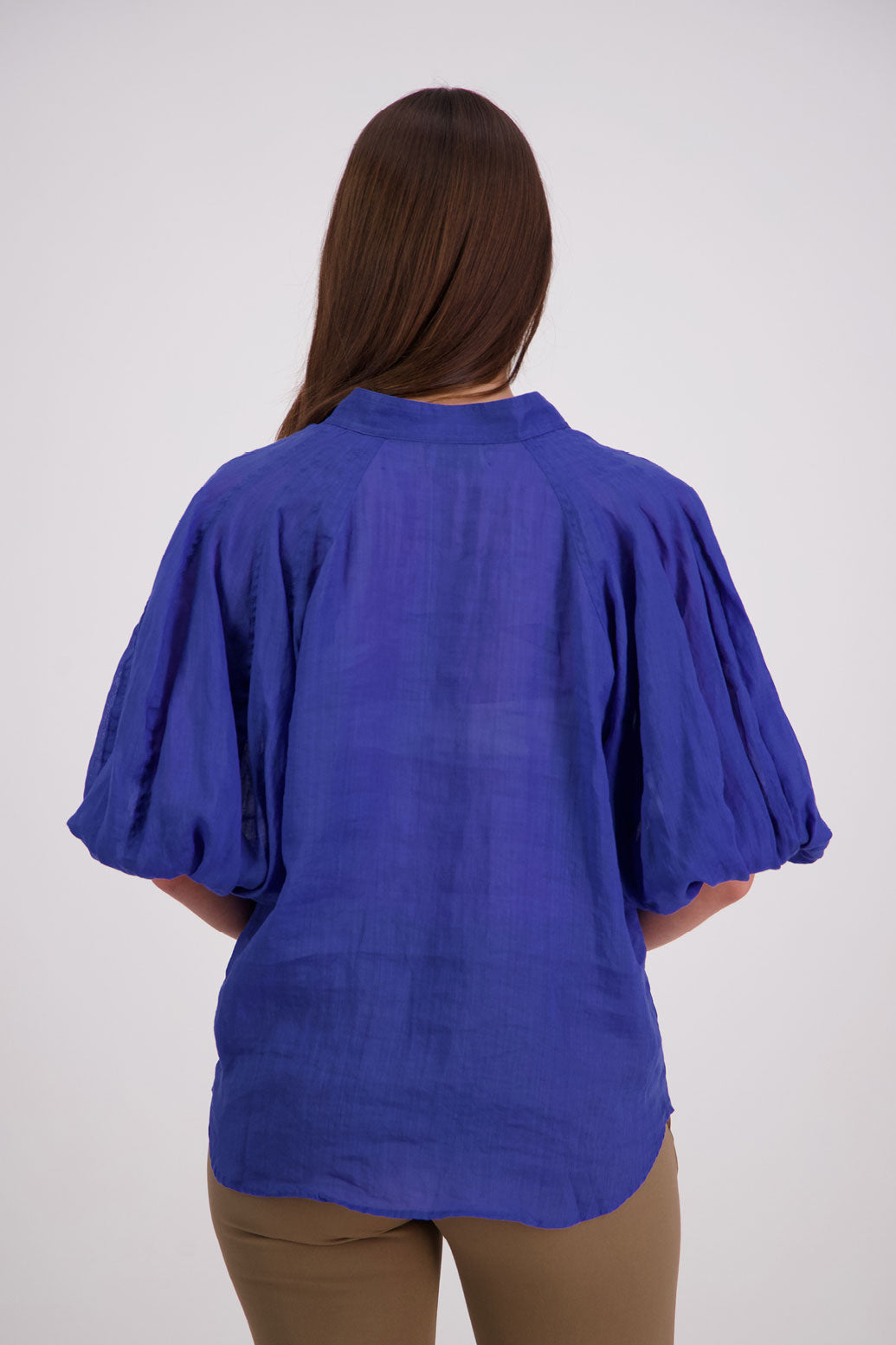 Briarwood Ramie Shirt with stand up collar, panel puffed sleeves and slim fit. Harlow Bright Blue