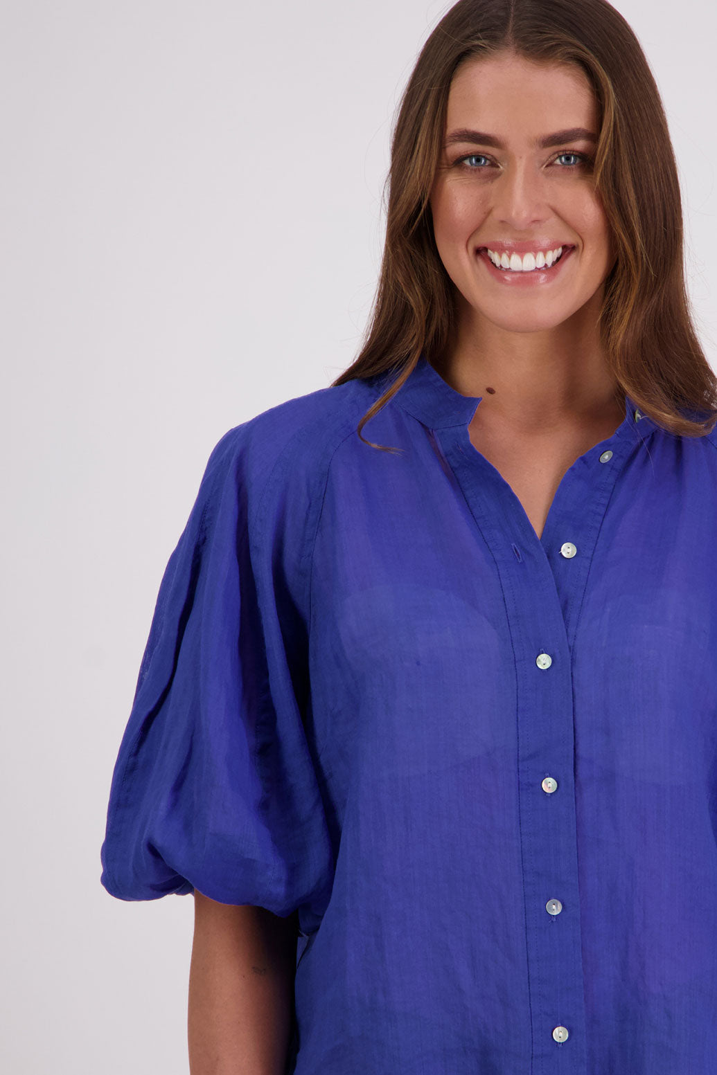 Briarwood Ramie Shirt with stand up collar, panel puffed sleeves and slim fit. Harlow Bright Blue