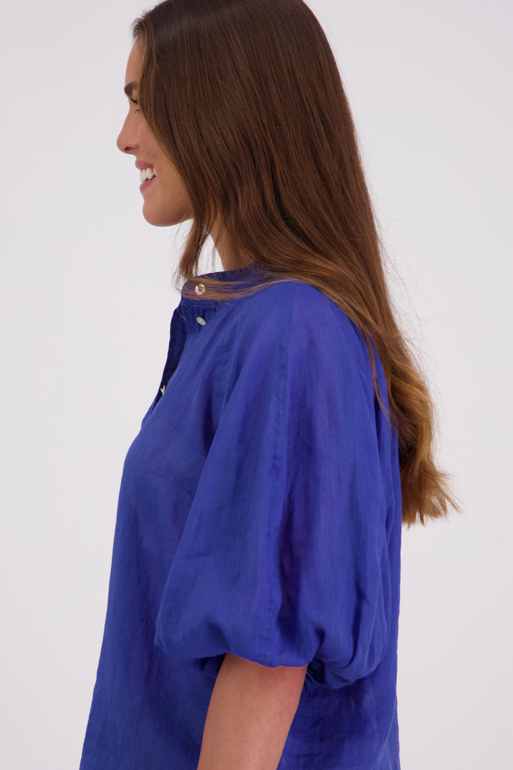 Briarwood Ramie Shirt with stand up collar, panel puffed sleeves and slim fit. Harlow Bright Blue