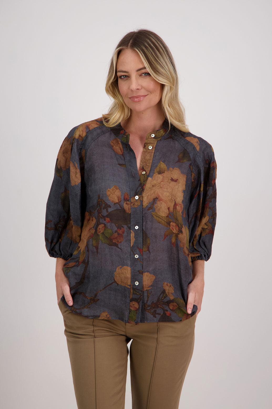 Petrol Floral 3/4 Sleeve Ramie Shirt, Harlow