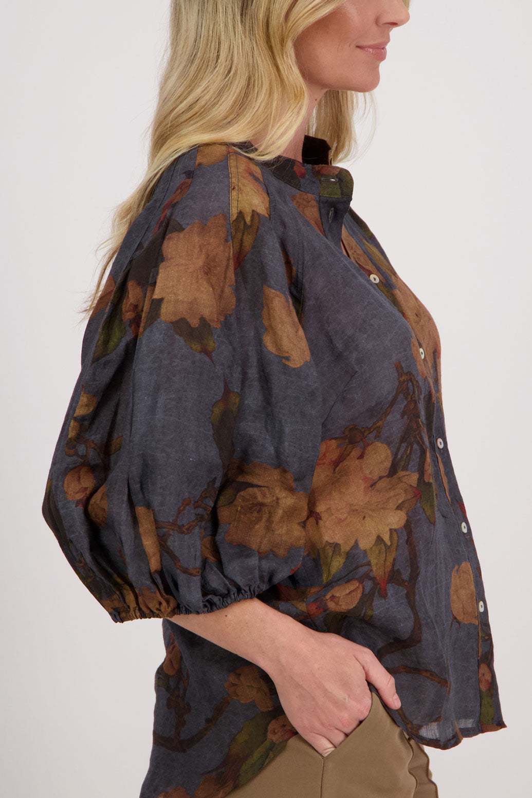 Petrol Floral 3/4 Sleeve Ramie Shirt, Harlow