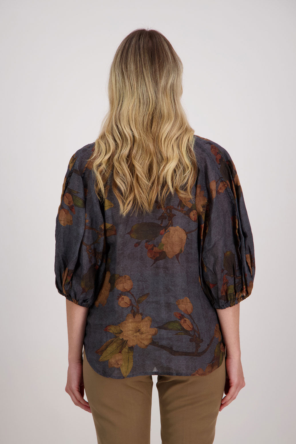 Petrol Floral 3/4 Sleeve Ramie Shirt, Harlow