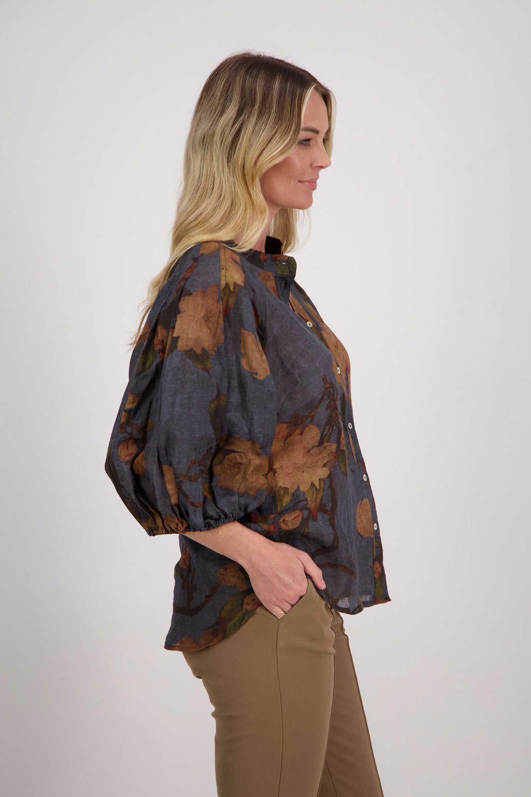 Petrol Floral 3/4 Sleeve Ramie Shirt, Harlow