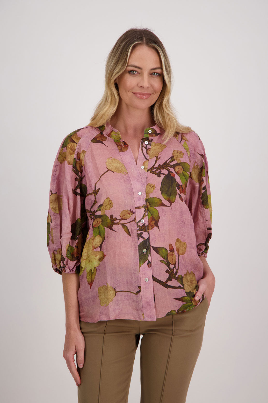 Pink Floral 3/4 Sleeve Ramie Shirt, Harlow.