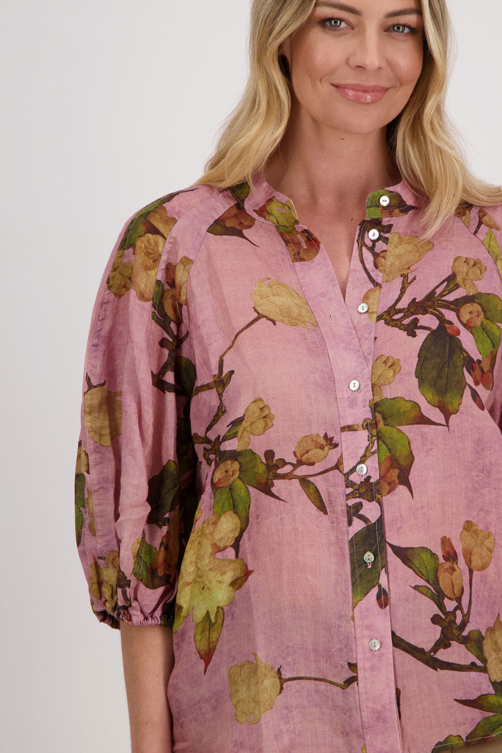 Pink Floral 3/4 Sleeve Ramie Shirt, Harlow.