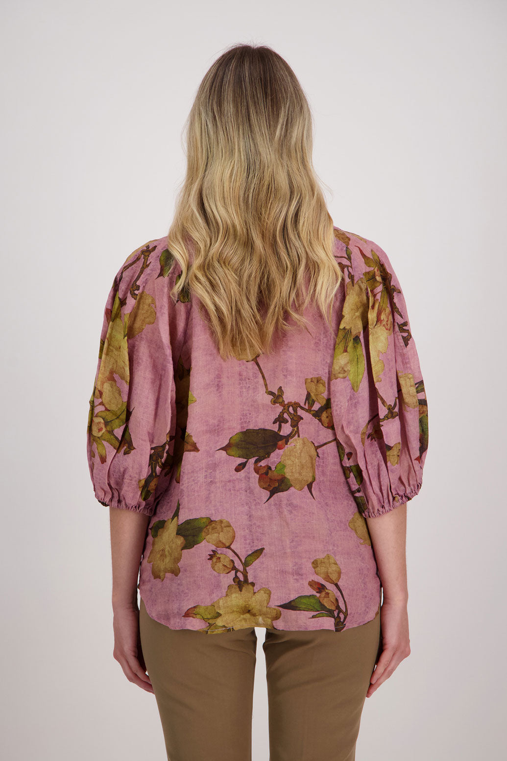 Pink Floral 3/4 Sleeve Ramie Shirt, Harlow.