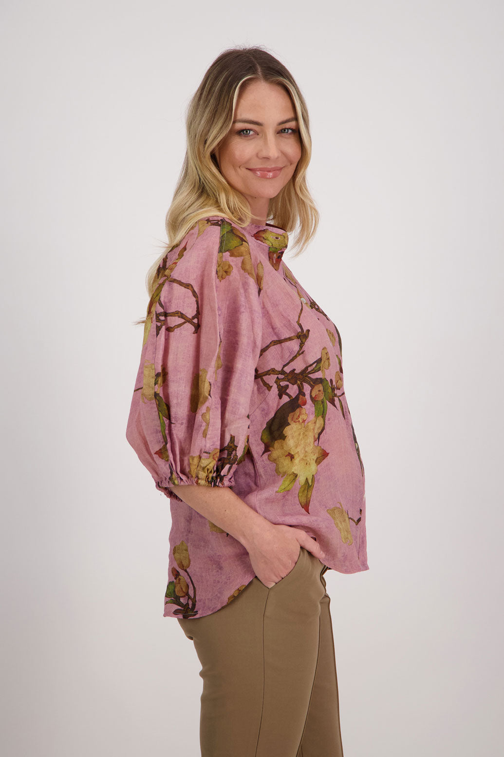 Pink Floral 3/4 Sleeve Ramie Shirt, Harlow.