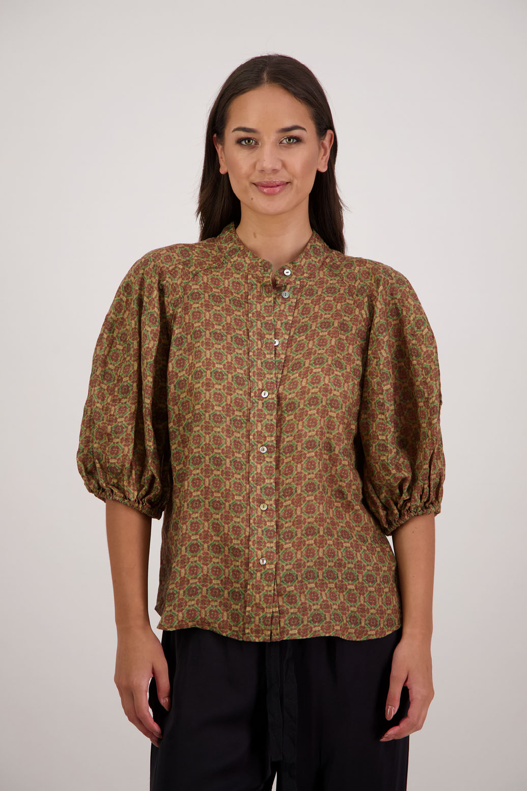 Bestseller. Harlow Shirt in Camel Tile by Briarwood NZ. Lightweight 100% Ramie shirt with 3/4 puff sleeves, slimmer fit through body and button front.