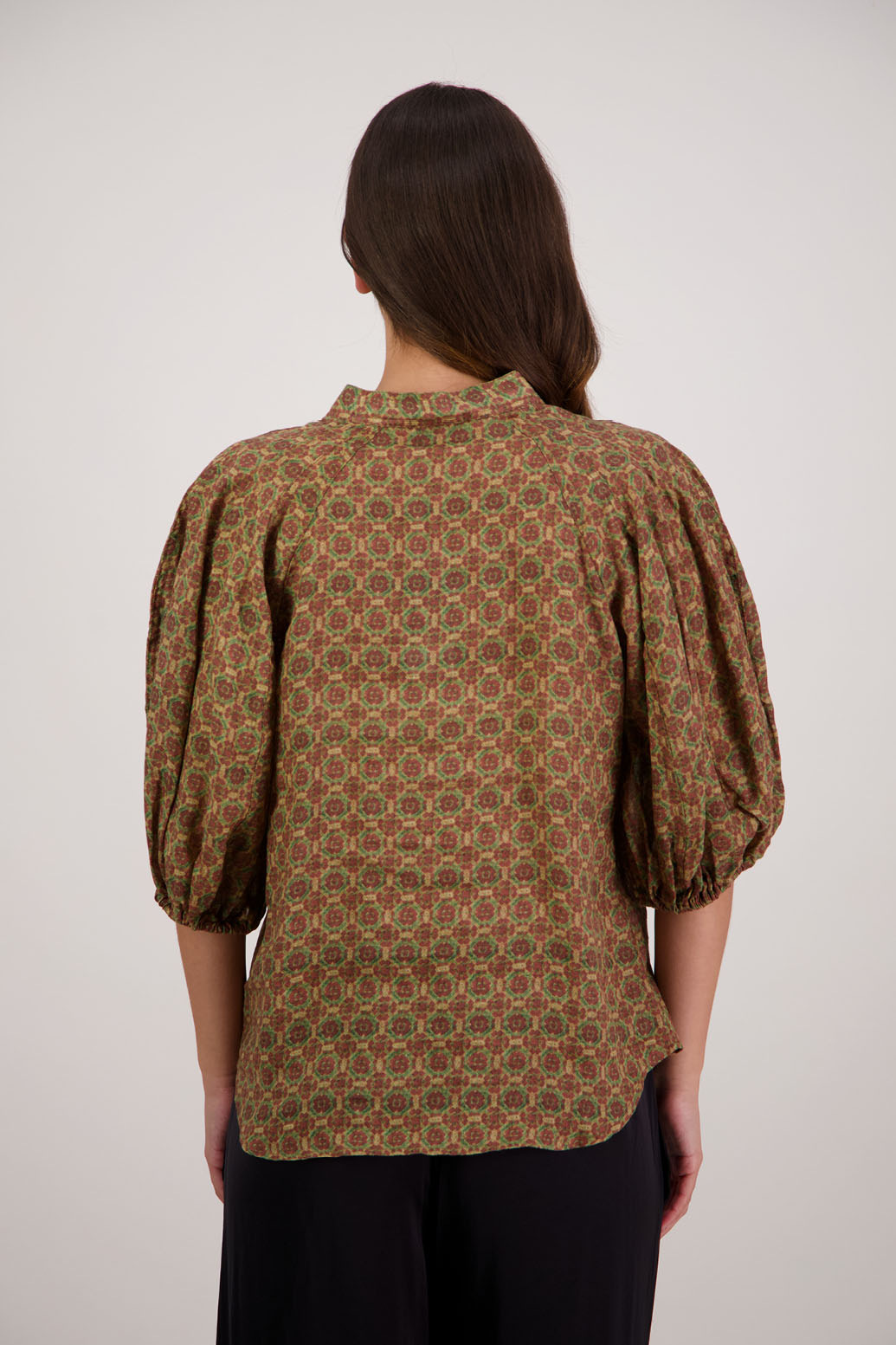 Bestseller. Harlow Shirt in Camel Tile by Briarwood NZ. Lightweight 100% Ramie shirt with 3/4 puff sleeves, slimmer fit through body and button front.