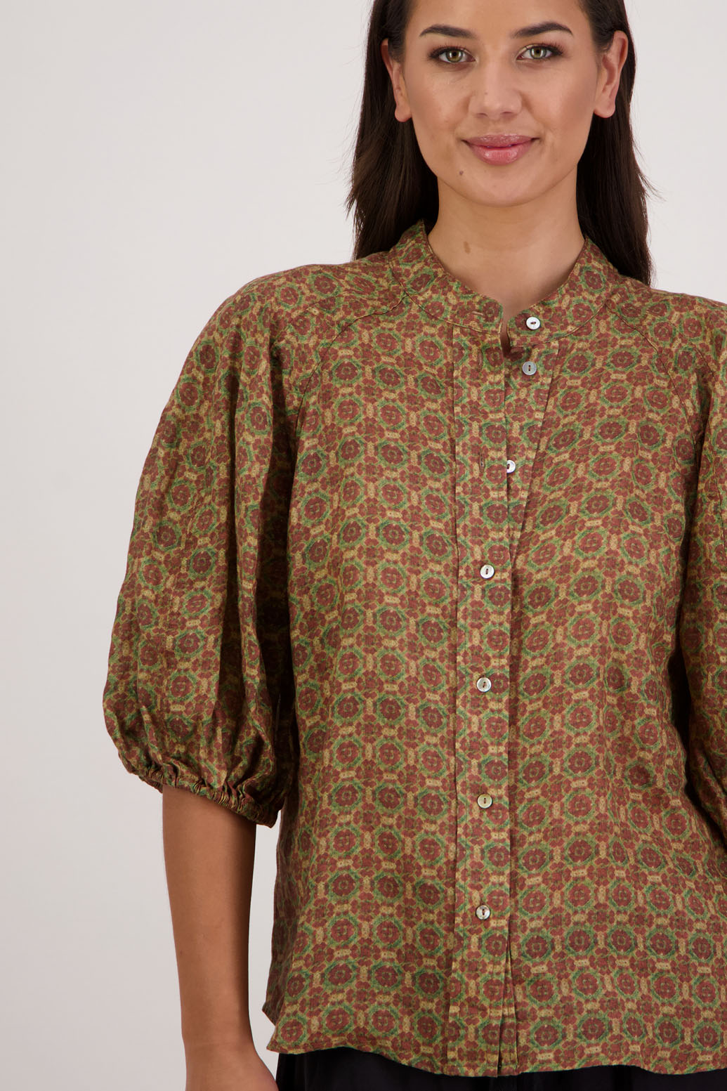 Bestseller. Harlow Shirt in Camel Tile by Briarwood NZ. Lightweight 100% Ramie shirt with 3/4 puff sleeves, slimmer fit through body and button front.