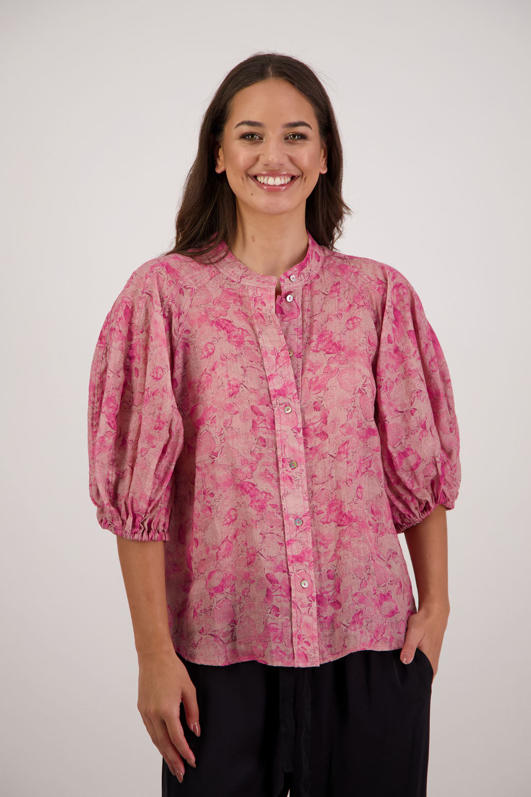 Bestseller. Harlow Shirt in Pink Floral by Briarwood NZ. Lightweight 100% Ramie shirt with 3/4 puff sleeves, slimmer fit through body and button front.