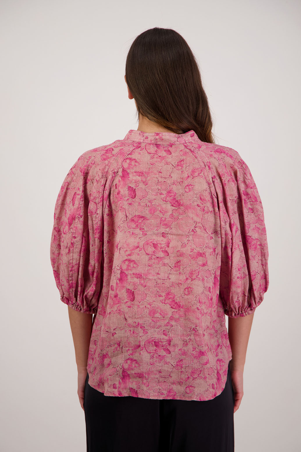 Bestseller. Harlow Shirt in Pink Floral by Briarwood NZ. Lightweight 100% Ramie shirt with 3/4 puff sleeves, slimmer fit through body and button front.