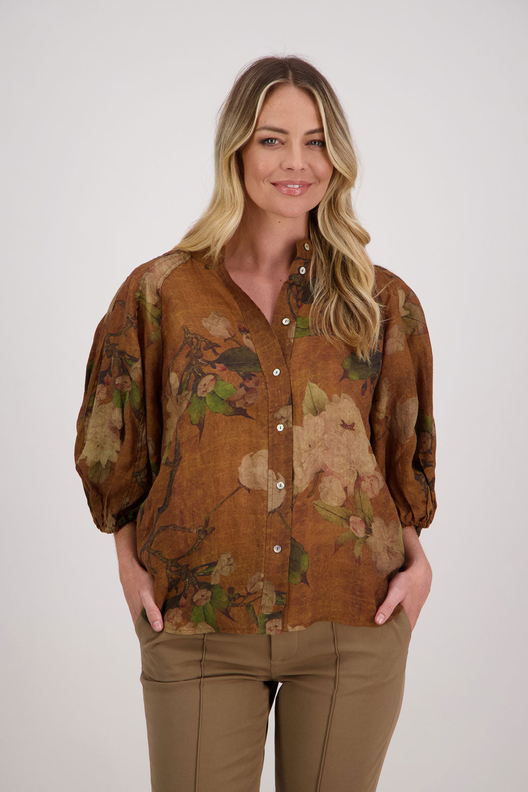 Tan Floral 3/4 Sleeve Ramie Shirt, Harlow