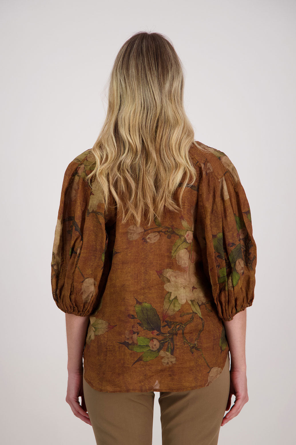 Tan Floral 3/4 Sleeve Ramie Shirt, Harlow