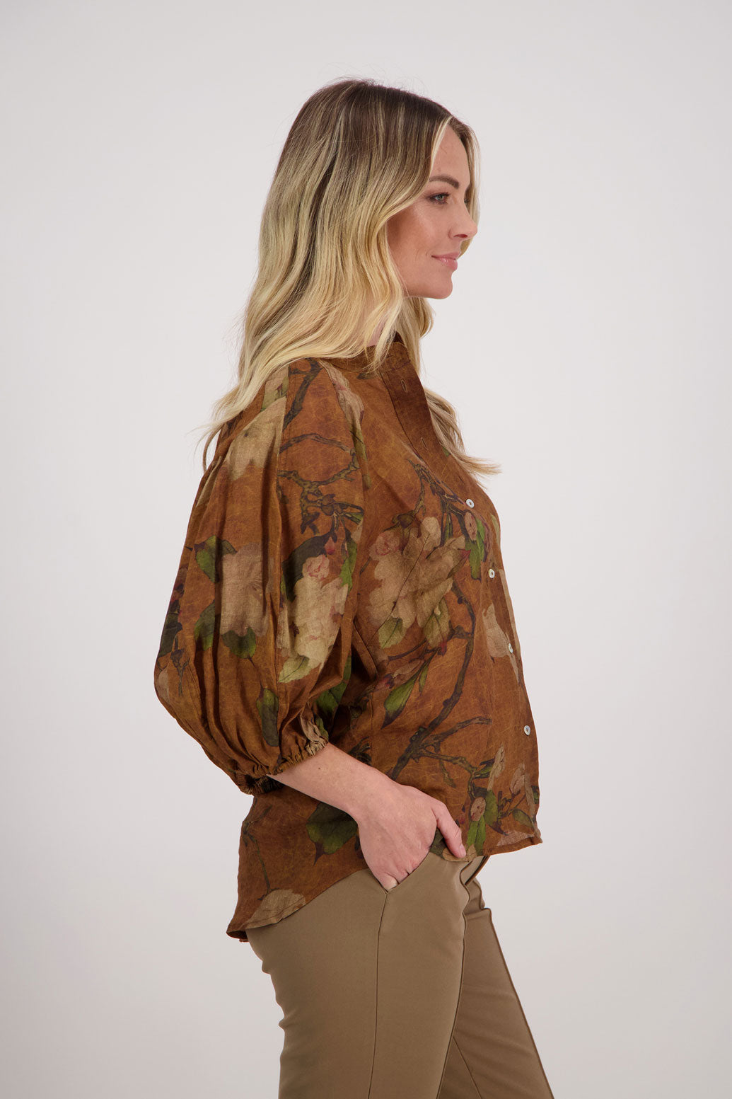 Tan Floral 3/4 Sleeve Ramie Shirt, Harlow