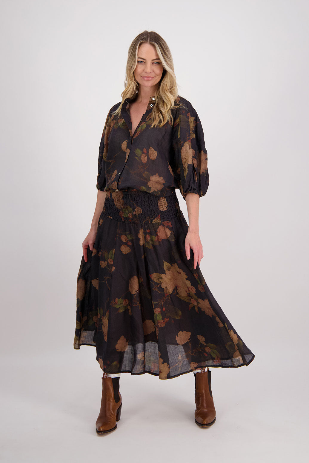 Hazelle Ramie Shirred Waist Skirt, Black Floral. Worn with Harlow Black Floral Ramie Shirt