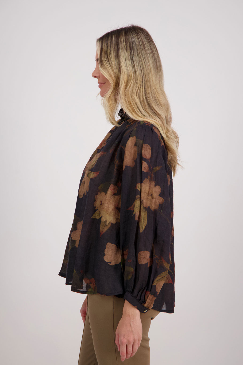 Black Floral Long Sleeve Ramie Top.