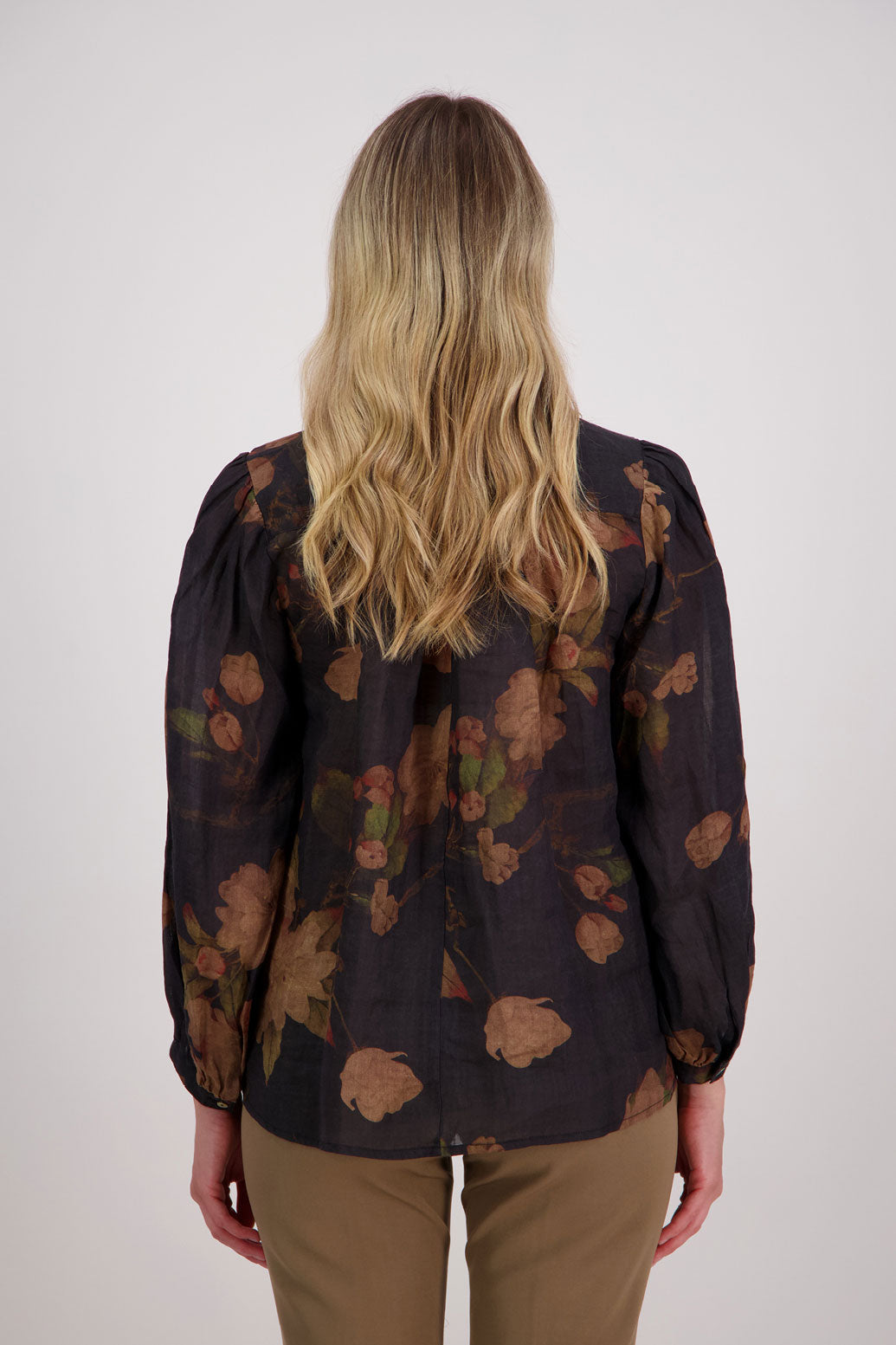 Black Floral Long Sleeve Ramie Top.