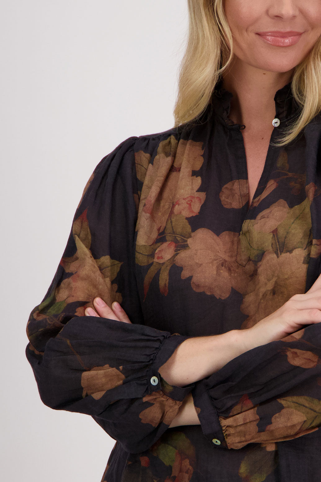 Black Floral Long Sleeve Ramie Top.