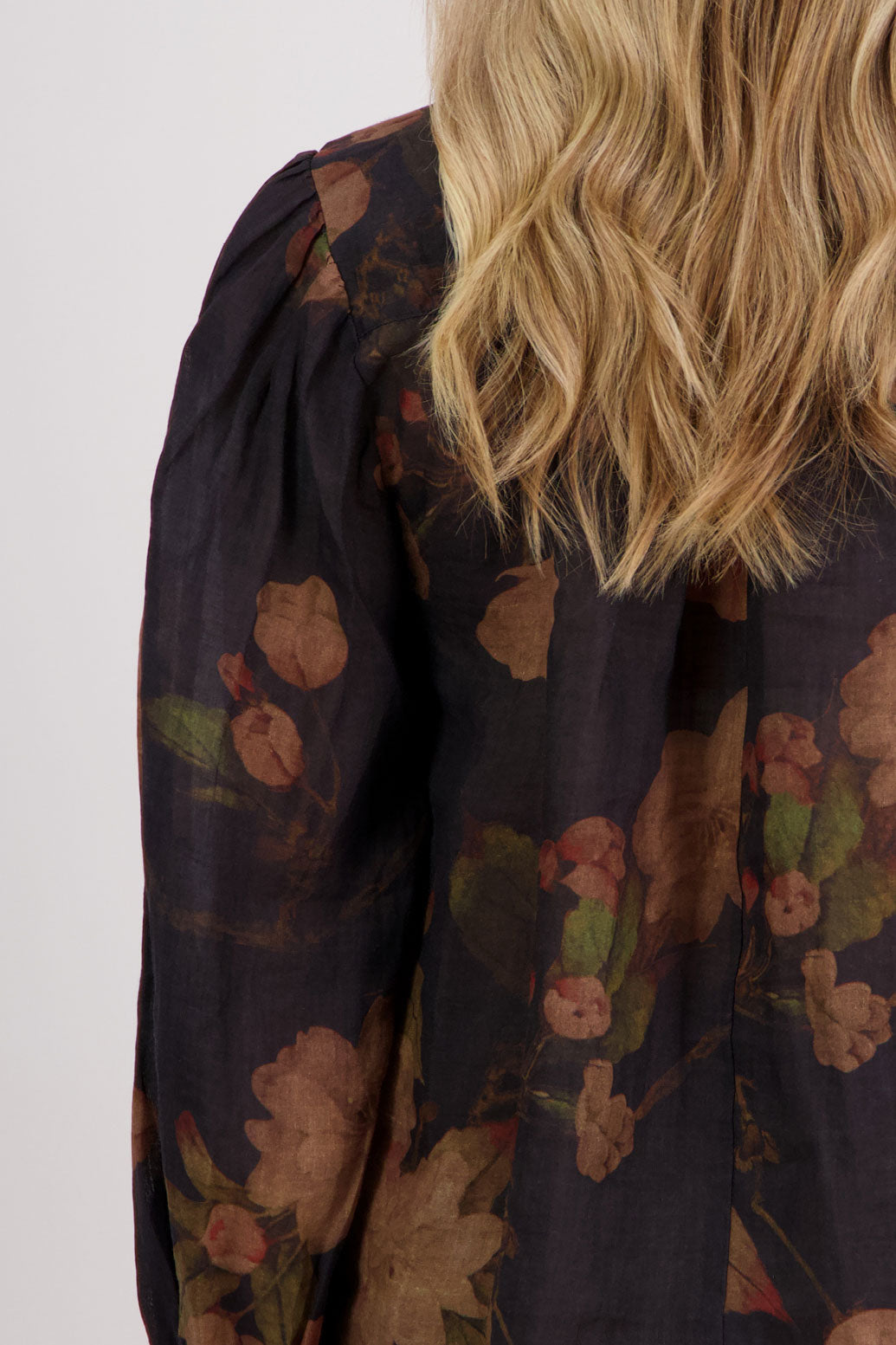 Black Floral Long Sleeve Ramie Top.