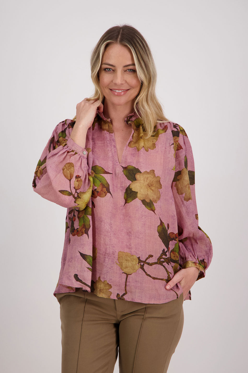 Pink Floral Long Sleeve Ramie Top.