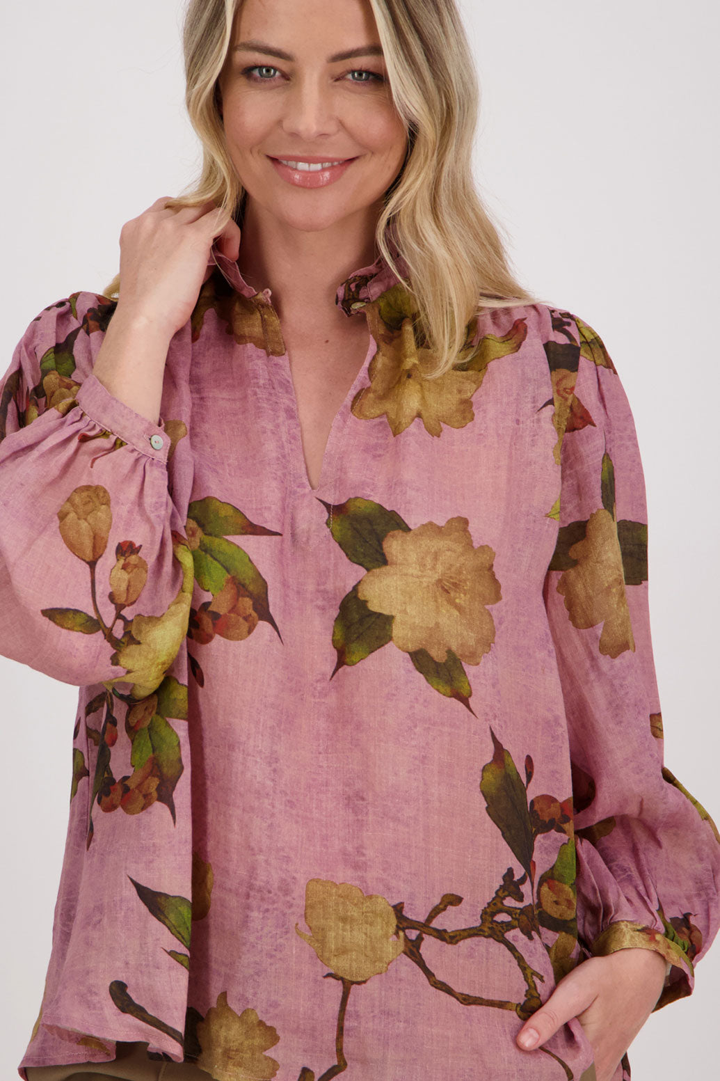 Pink Floral Long Sleeve Ramie Top.