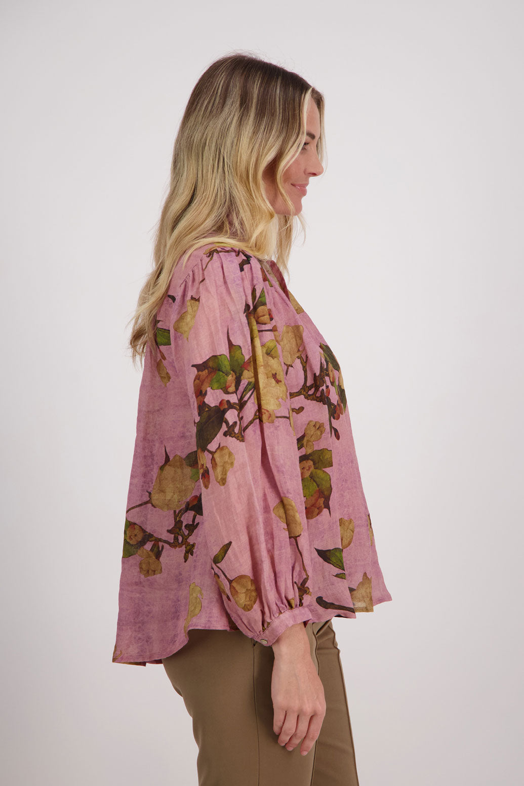 Pink Floral Long Sleeve Ramie Top.