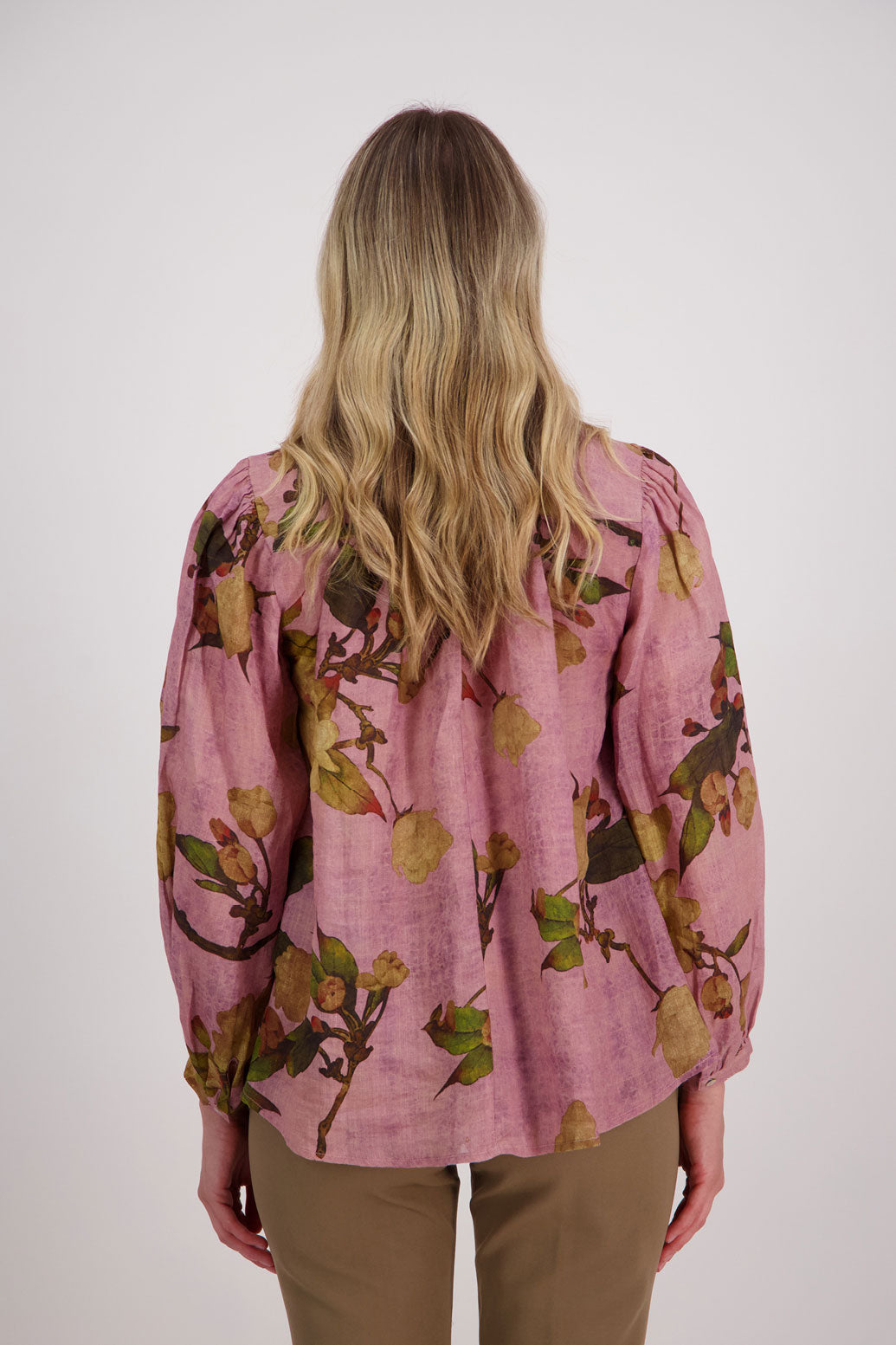 Pink Floral Long Sleeve Ramie Top.