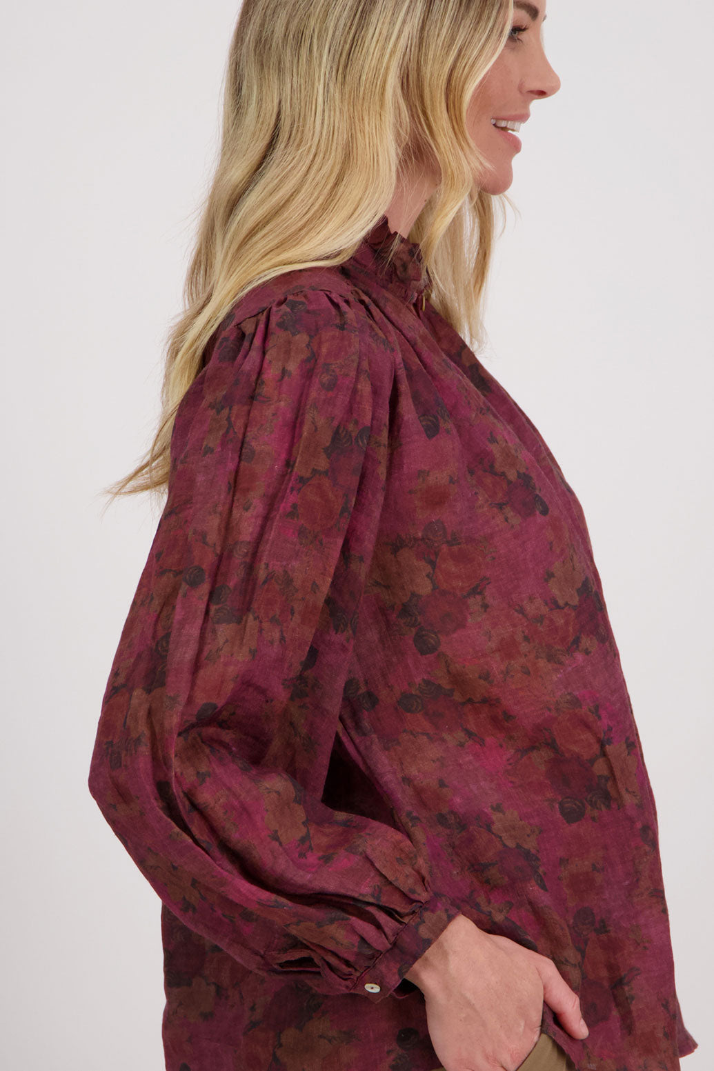 Plum Floral Long Sleeve Ramie Top.