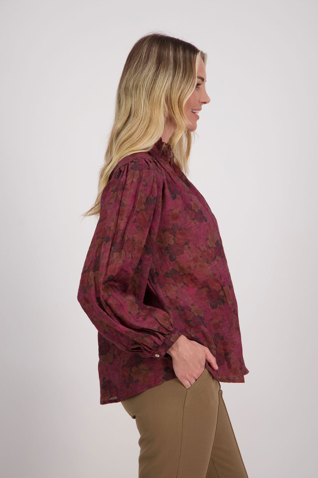 Plum Floral Long Sleeve Ramie Top.