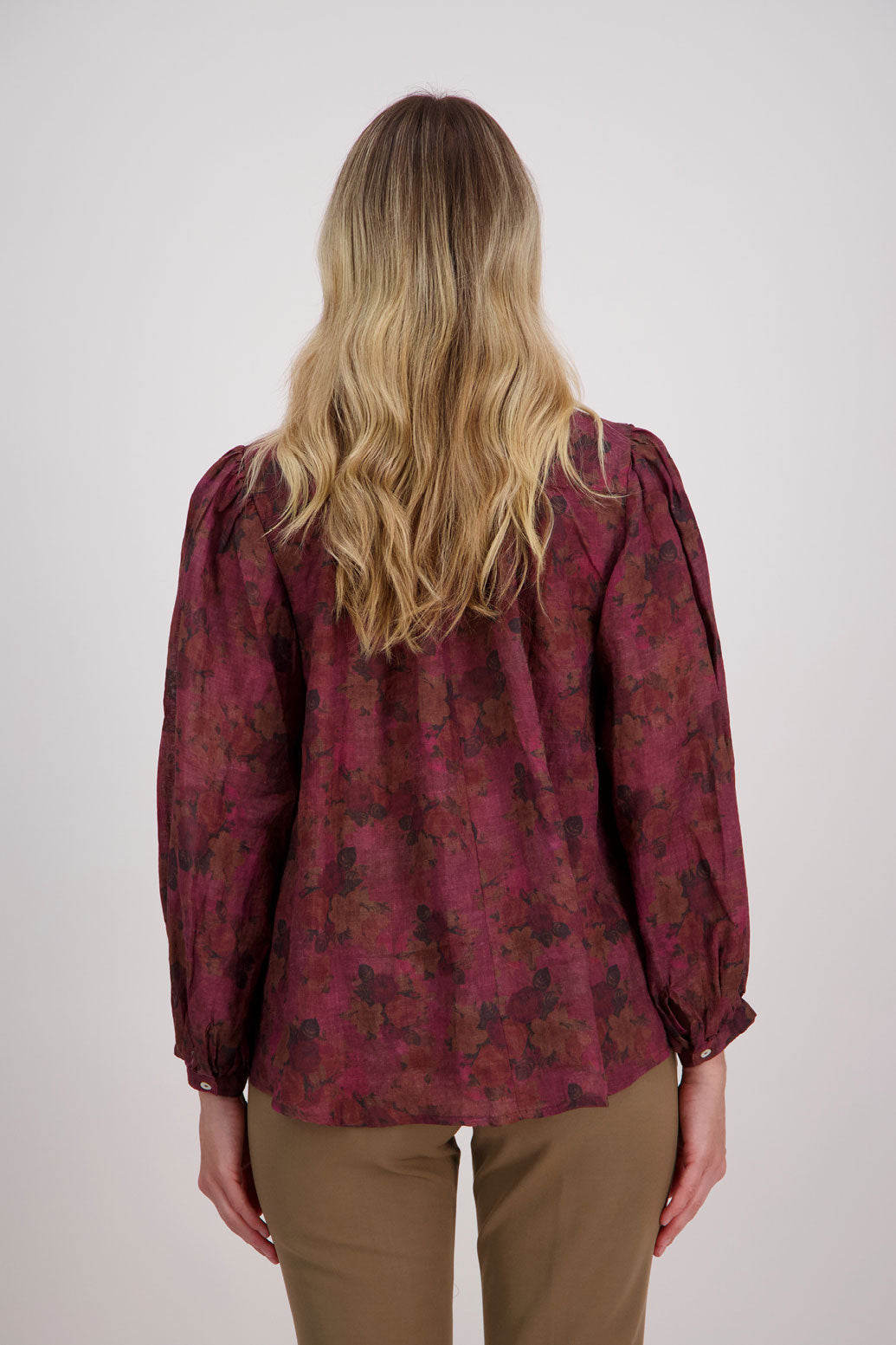 Plum Floral Long Sleeve Ramie Top.