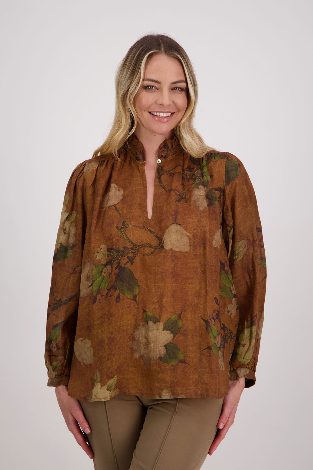 Tan Floral Long Sleeve Ramie Top.