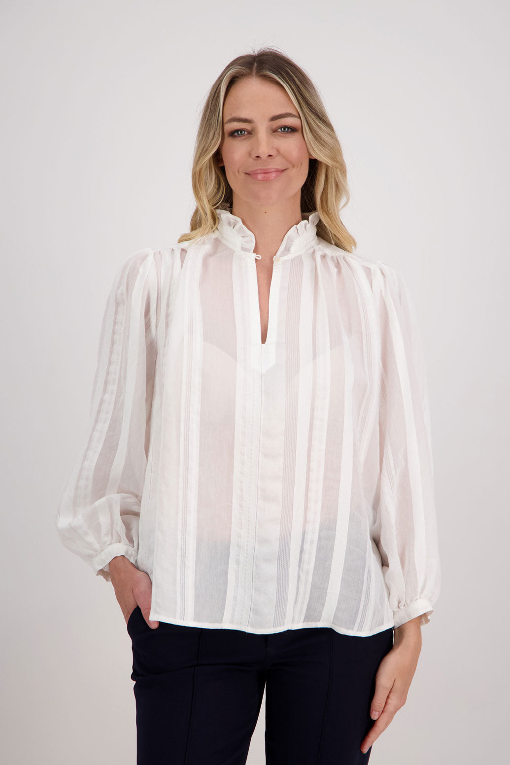 White Stripe V Neck Shirt, Long Sleeves, Harper